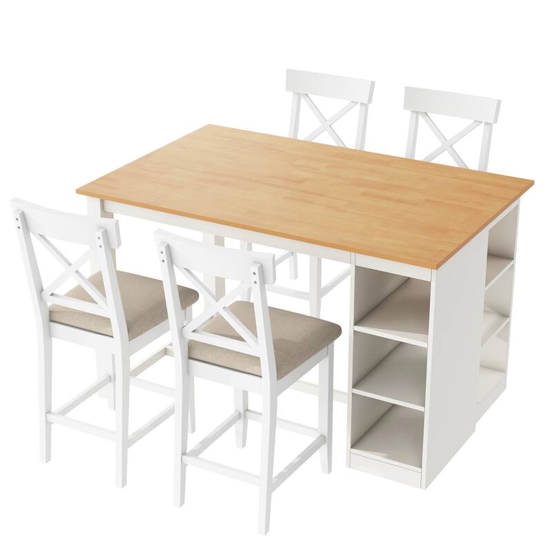 Solid Wood 5-Piece Farmhouse Dining Set with 3-Tier Side Storage, Cross Back Chairs, Counter Height Design for 4