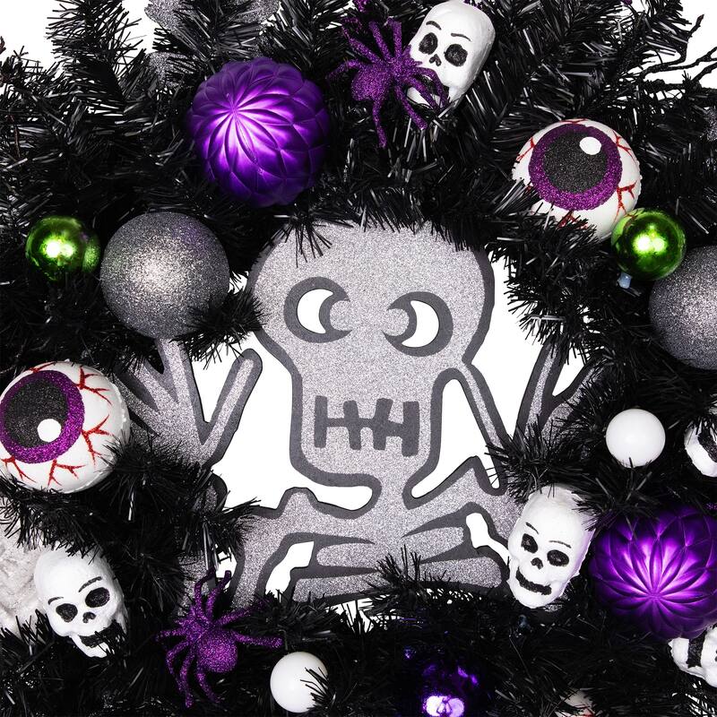 Purple and Black Spooky Skeleton Pine Halloween Wreath, 24-Inch, Unlit