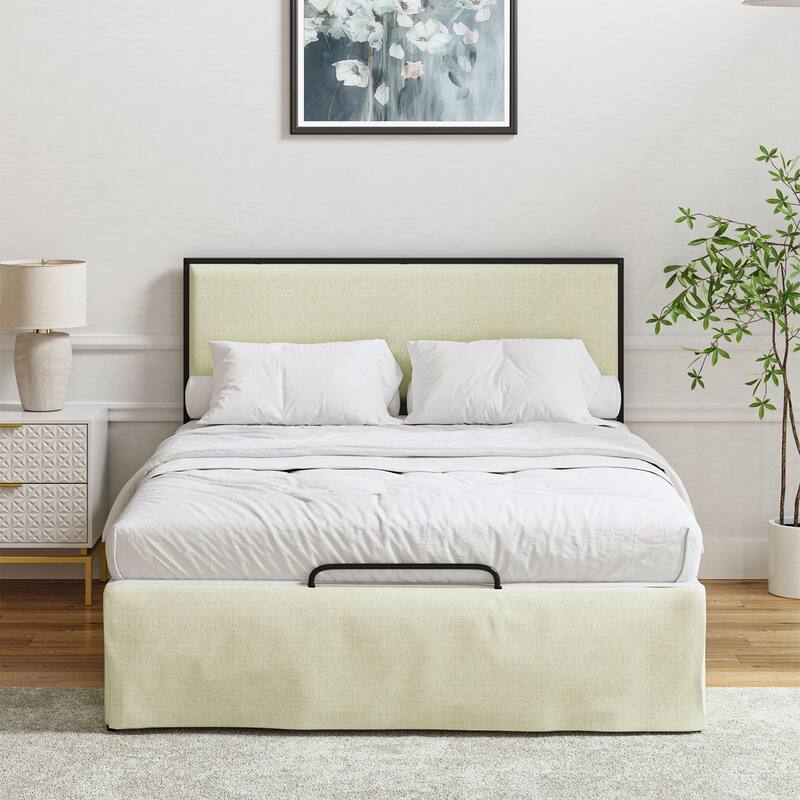 Oliver Modern Washable Slipcover Bed Upholstered Metal by HULALA HOME - IVORY - Queen