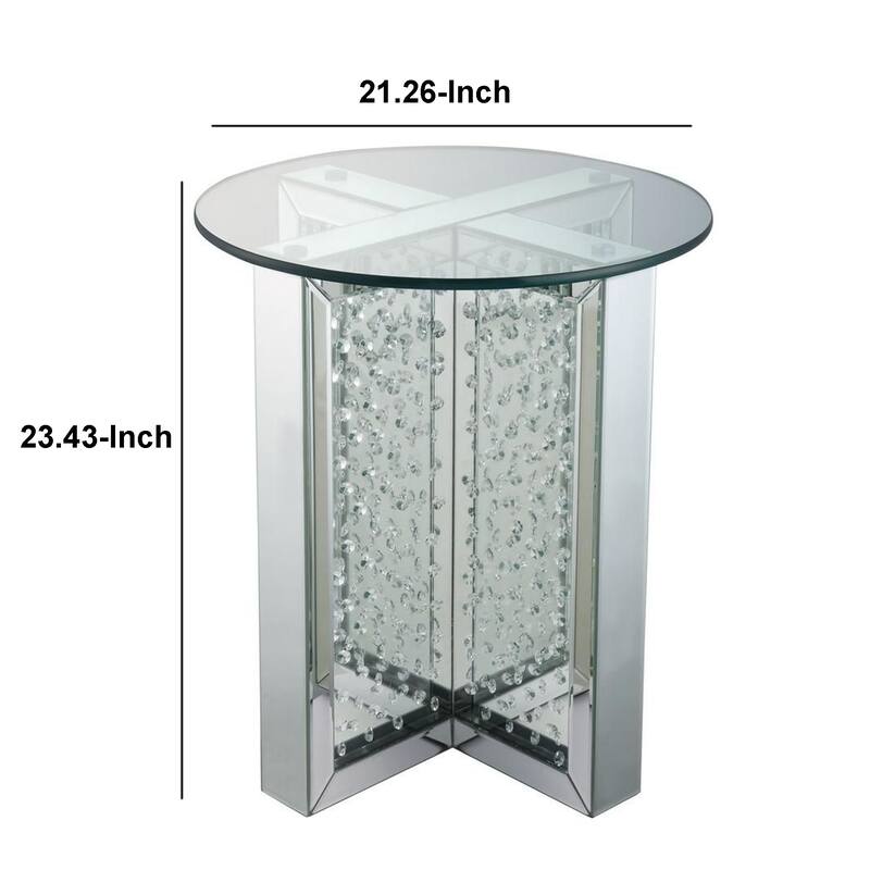 Round Mirrored Metal End Table with Glass Top and Crystal Accent Base, Silver