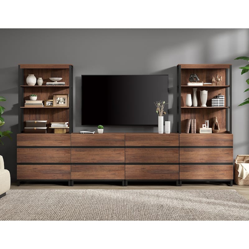 WAMPAT Modern TV Stand with 3 Tiers Bookshelf, Farmhouse Entertainment Center with 12 Drawers and Adjustable Shelf - Brown