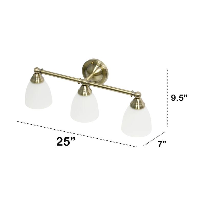 Wall Mounted Three Light Vanity Fixture with Translucent Glass Shade - 25" - Antique Brass and White
