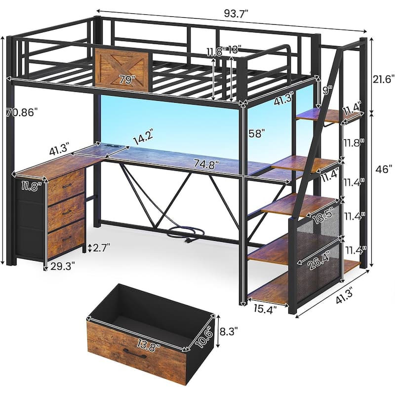 Stairway Twin Size Loft Bed with L Shaped Desk and Wardrobe 3 Drawers