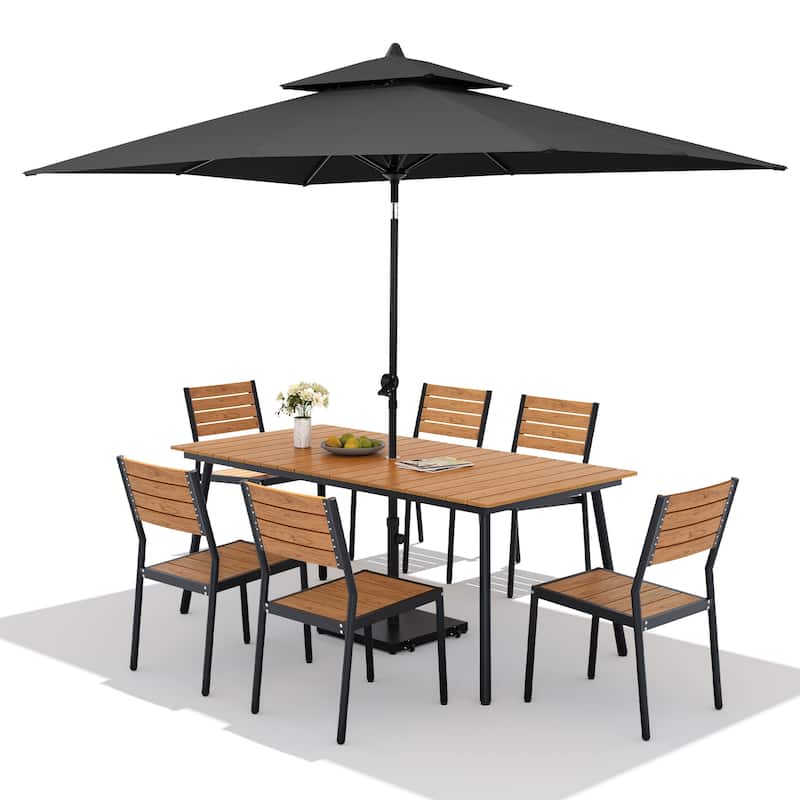 9PC Outdoor Patio Dining Set Aluminum Table with Stackable Chairs w/ Premium Market Umbrella Sets