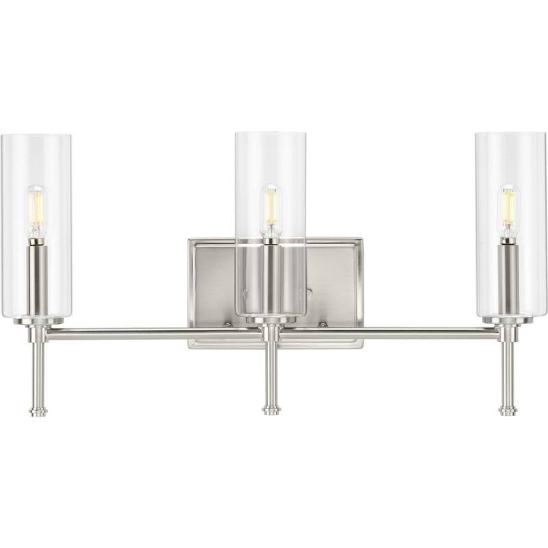 Elara Collection Three-Light Brushed Nickel Clear Glass New Traditional Bath Vanity Light - 22.125 in x 5.12 in x 11.5 in
