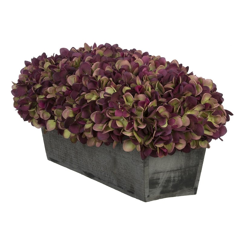 Faux Hydrangeas in Grey Wood Washed Ledge Planter