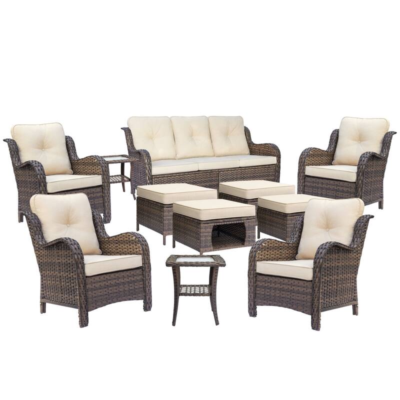 Outdoor Brown Wicker Patio Furniture Seating Sets with Beige Cushions