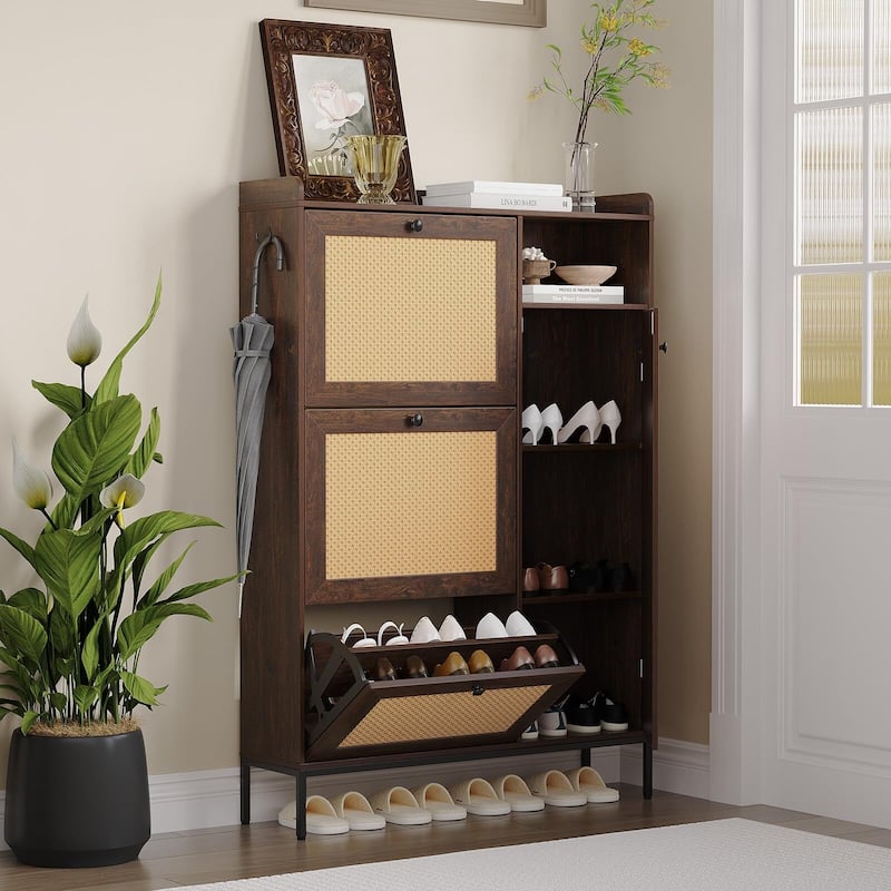 3-Tier Shoe Storage Cabinet with Rattan Doors and Adjustable Compartments - Darck Brown