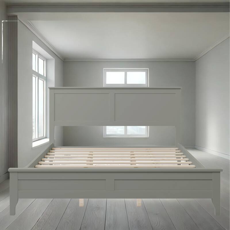 Durable Pine Wood Platform Bed with Slat Design Headboard, Full, Queen, King Options