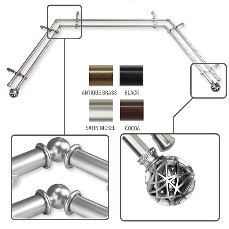 InStyleDesign Emerson 13/16" Double Bay curtain rod 20"-36", 38"-72" - Satin Nickel