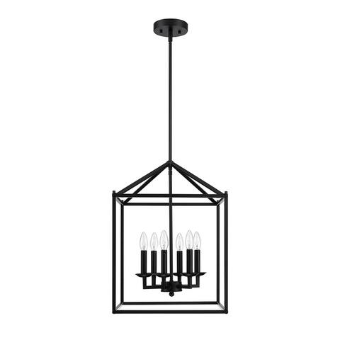 6-light pendant with black finish and steel cage shade
