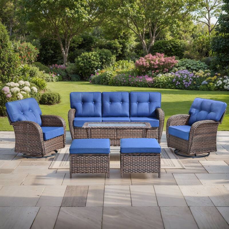 Pocassy 6 Piece Ooutdoor Sofa with Swivel Chair Ottoman Table - Brown Wicker & Blue cushion
