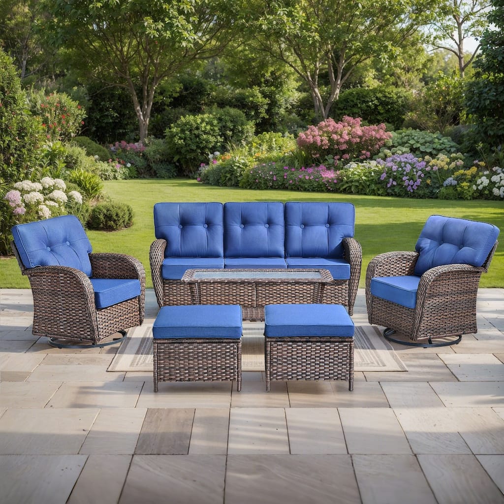 Pocassy 6 Piece Ooutdoor Sofa with Swivel Chair Ottoman Table