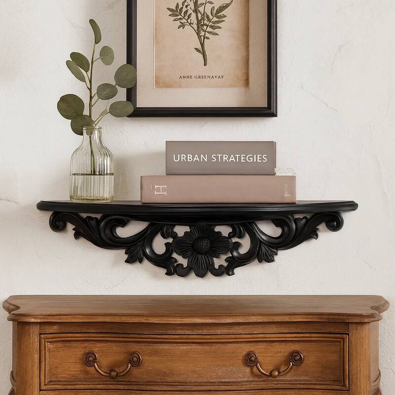 Hand Carved Wooden Moonbay Wall Shelf in Floral Design, Black