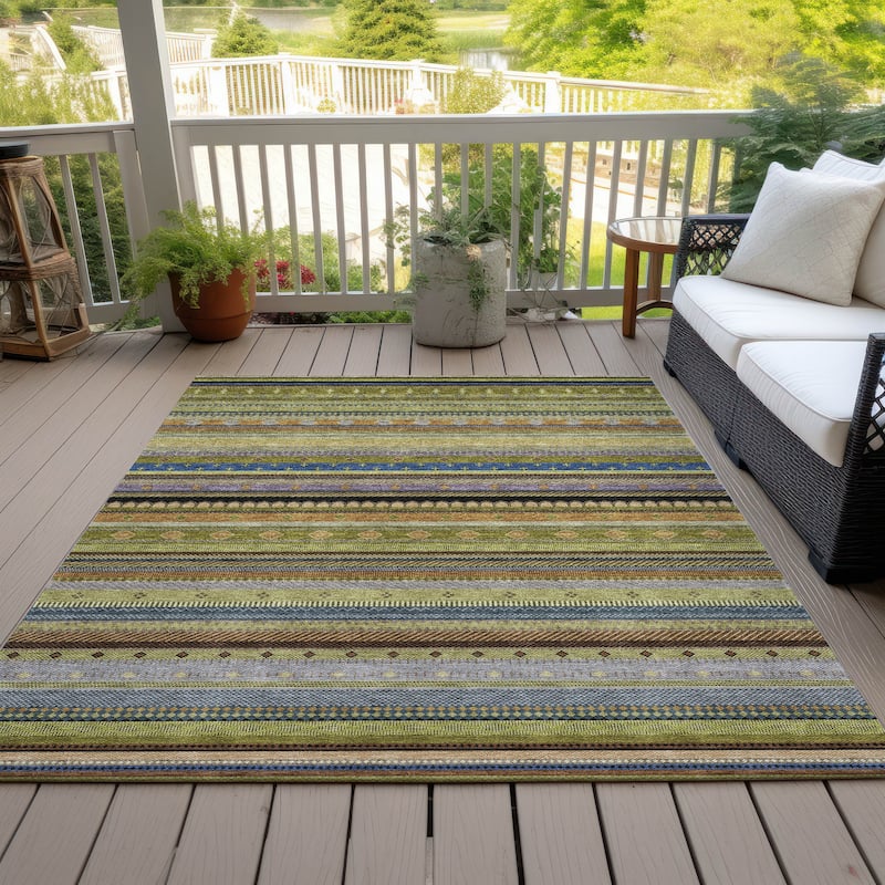 Machine Washable Indoor/Outdoor Boho Stripes Chantille Rug - Olive - 8' x 10'