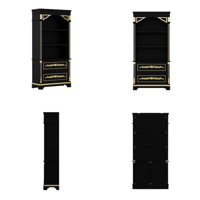 Black & Gold Display Cabinet with Shelves and Drawers, Elegant Glossy Bookcase for Living Room Storage