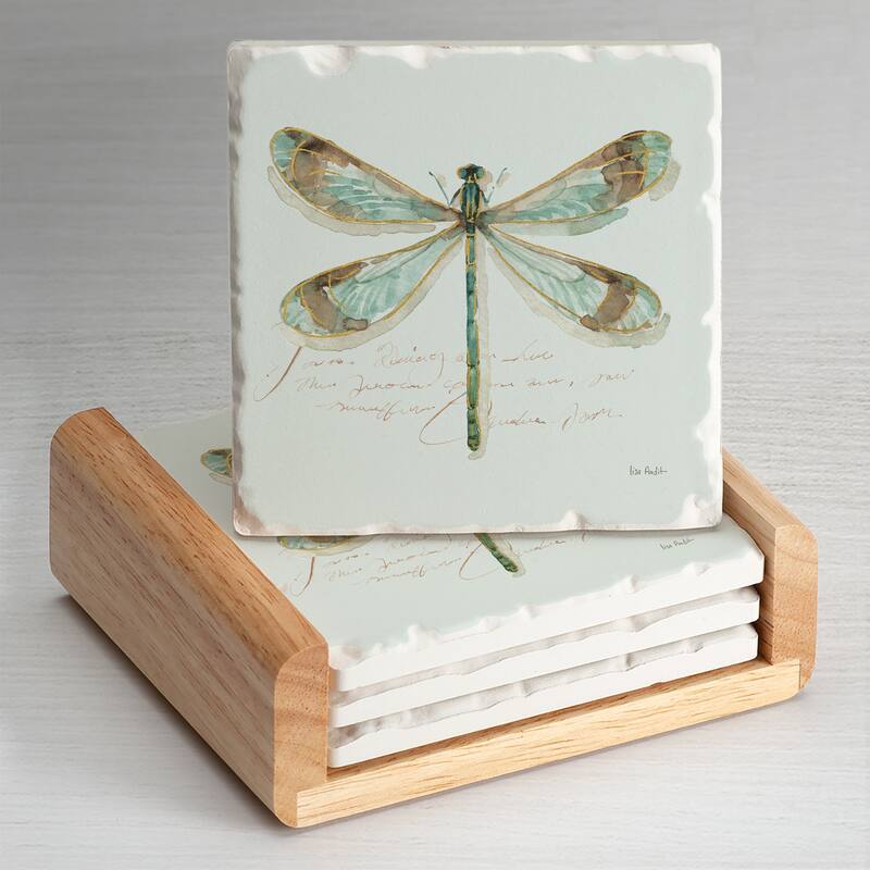 Square Absorbent Coasters - Set of 4 With Holder - Rainbow Dragonfly - 4.001x4.001x2.048