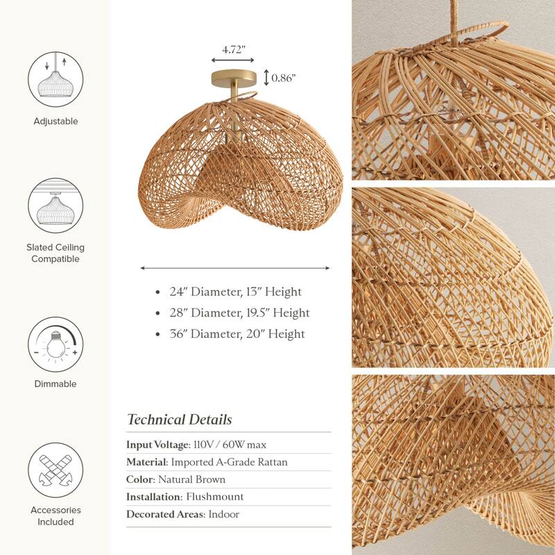 Sepherina Rattan Flush Mount - Rattan Natural 1-Light Handwoven Ceiling Light for Bedroom or Hallway in Modern, Farmhouse Style
