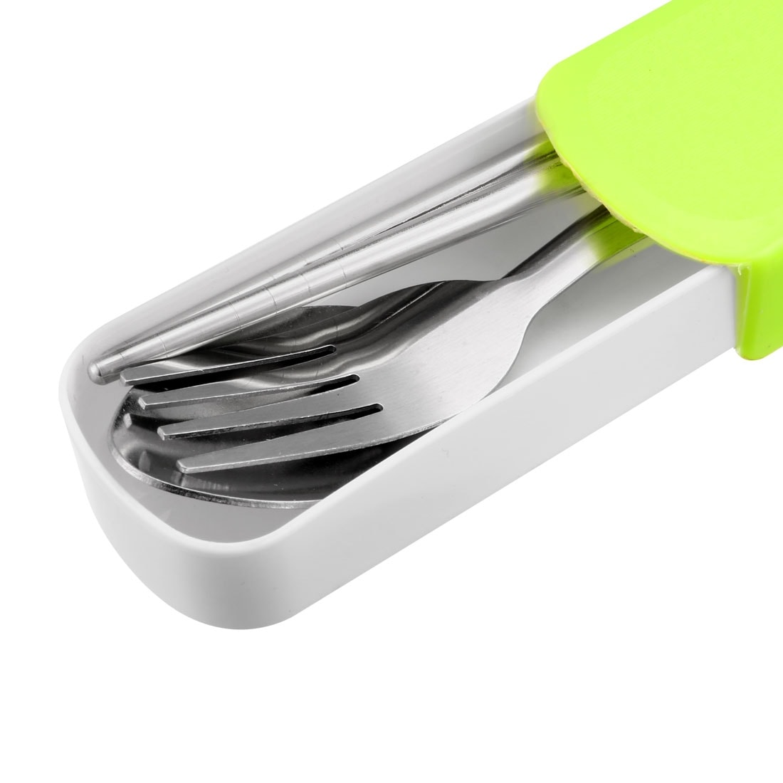 3-in-1 Stainless Steel Fork Spoon Chopsticks Set Portable Utensils with Pen Box - Silver Tone, Green