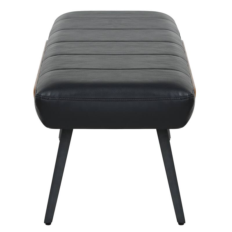 Mid-Century Modern Faux Leather & Metal Bench - Black & Walnut
