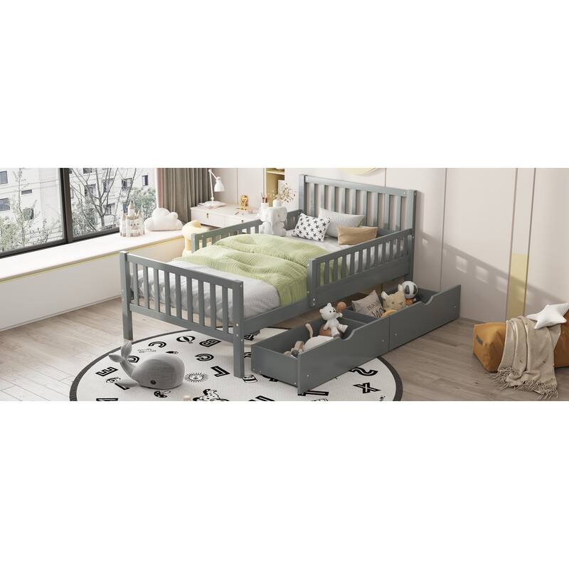 Twin Size Wood Platform Bed with Guardrails and Two Storage Drawers, Gray, Sturdy Construction