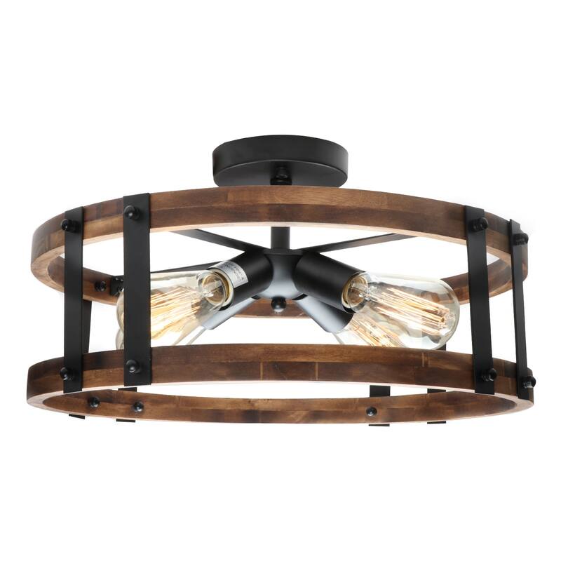 Anmytek Farmhouse 4-Light Wood Drum Semi-Flush Mount Ceiling Light for Entryway - Brown