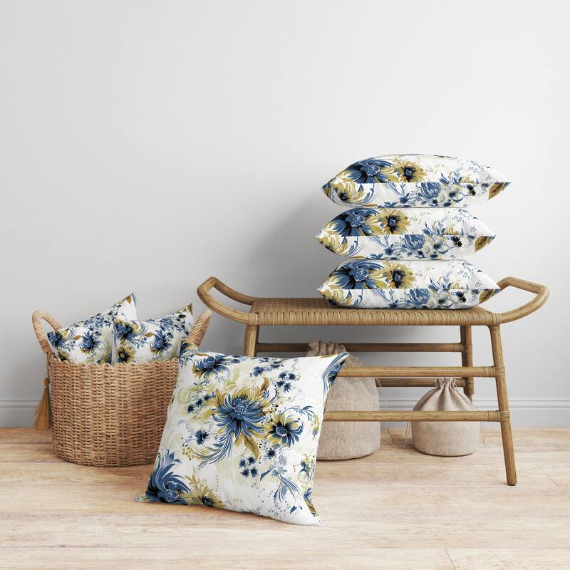 White And Blue Delightful Wildflowers Faux Suede Throw Pillow Zipper