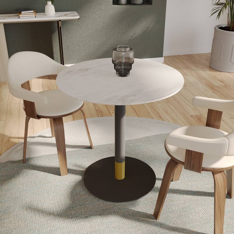 Vail Round Dining Table 27 in. Sintered Stone Tabletop in Black Stainless Steel Round Pedestal Base with Gold Accents