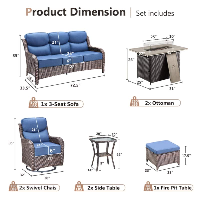 Pocassy Outdoor 6 Inch Sofa Glider Chairs Ottoman with Fire Table Set