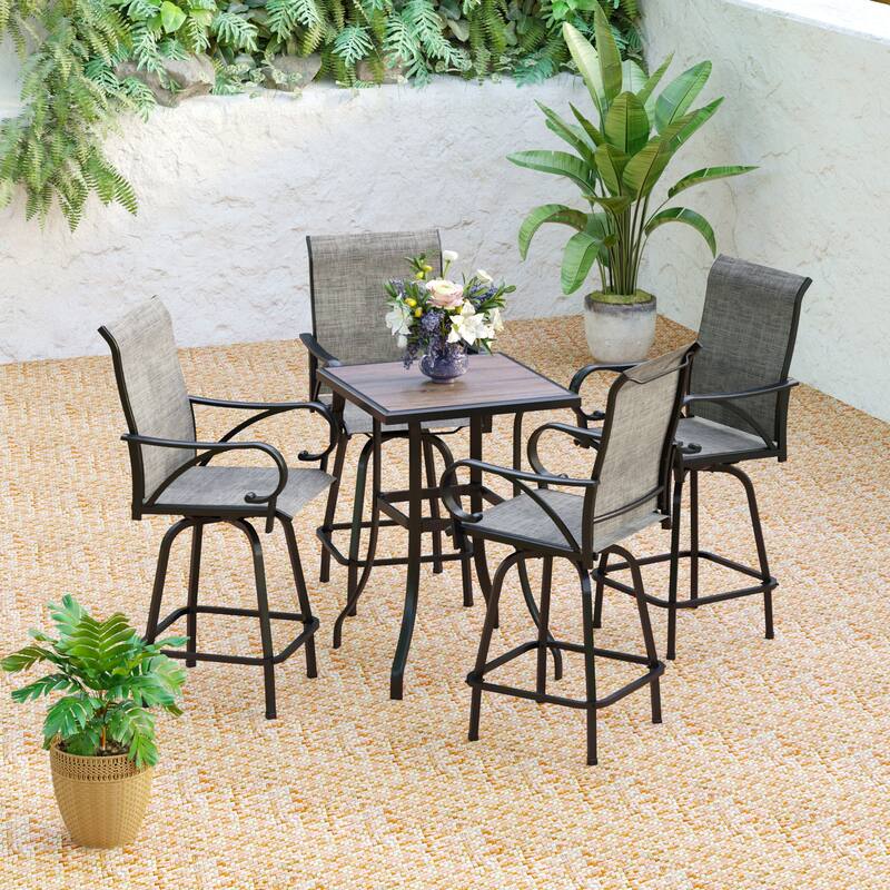 3/5-Piece Patio Bar Stool Set Wood-look Table & Grey Textilene Sling Fabric Swivel Bar Stools