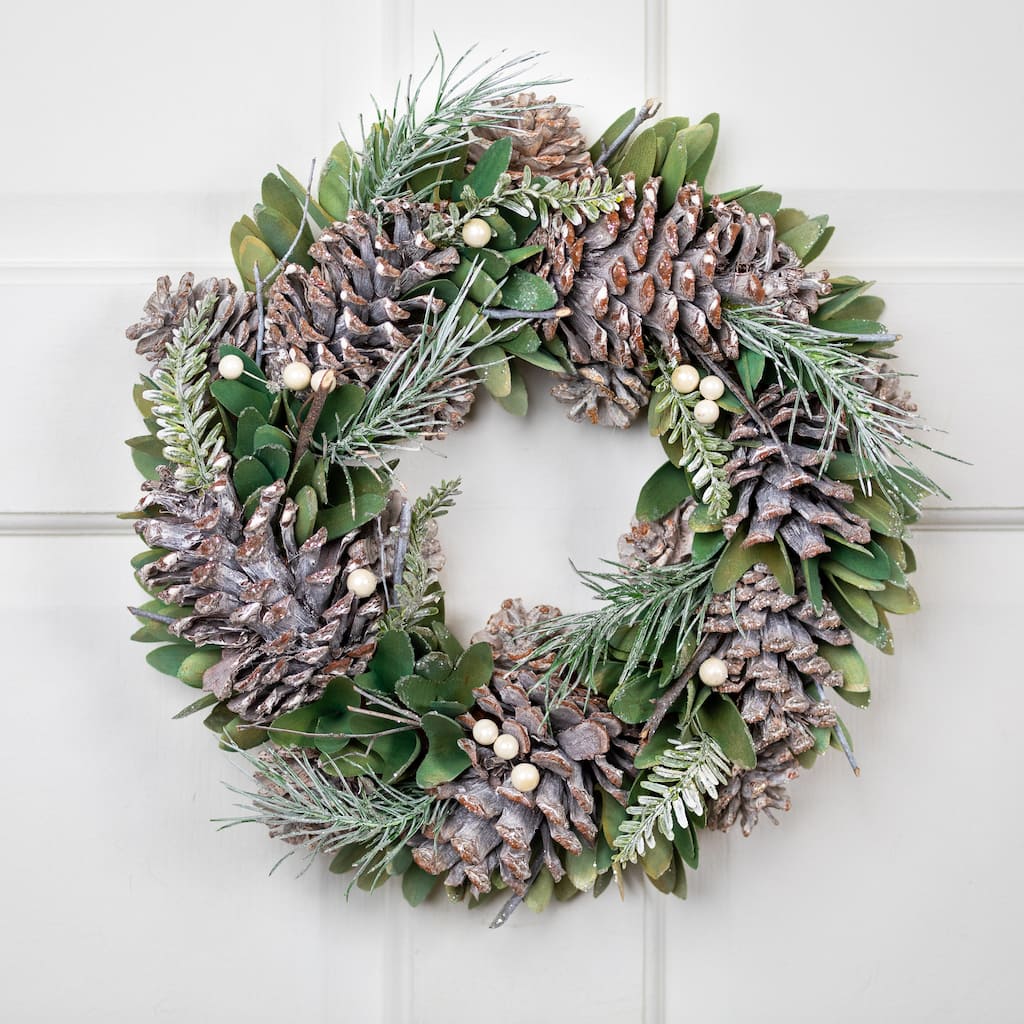 Frosted Pinecone and Wooden Petals Artificial Christmas Wreath -14" - Unlit