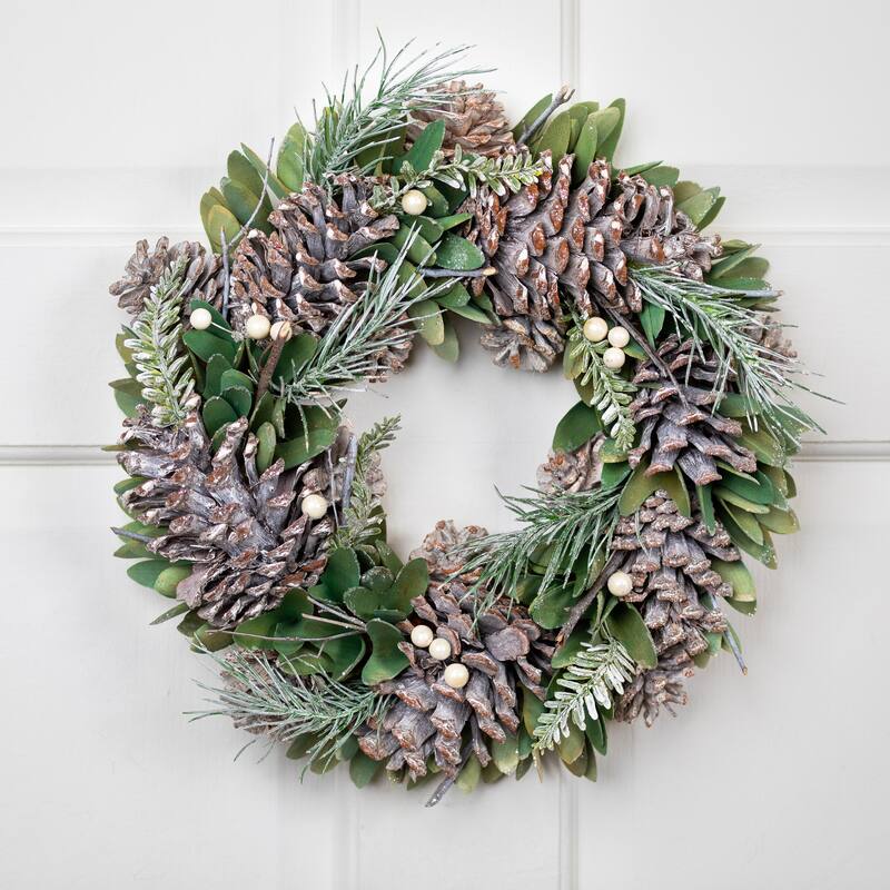 Frosted Pinecone and Wooden Petals Artificial Christmas Wreath -14" - Unlit