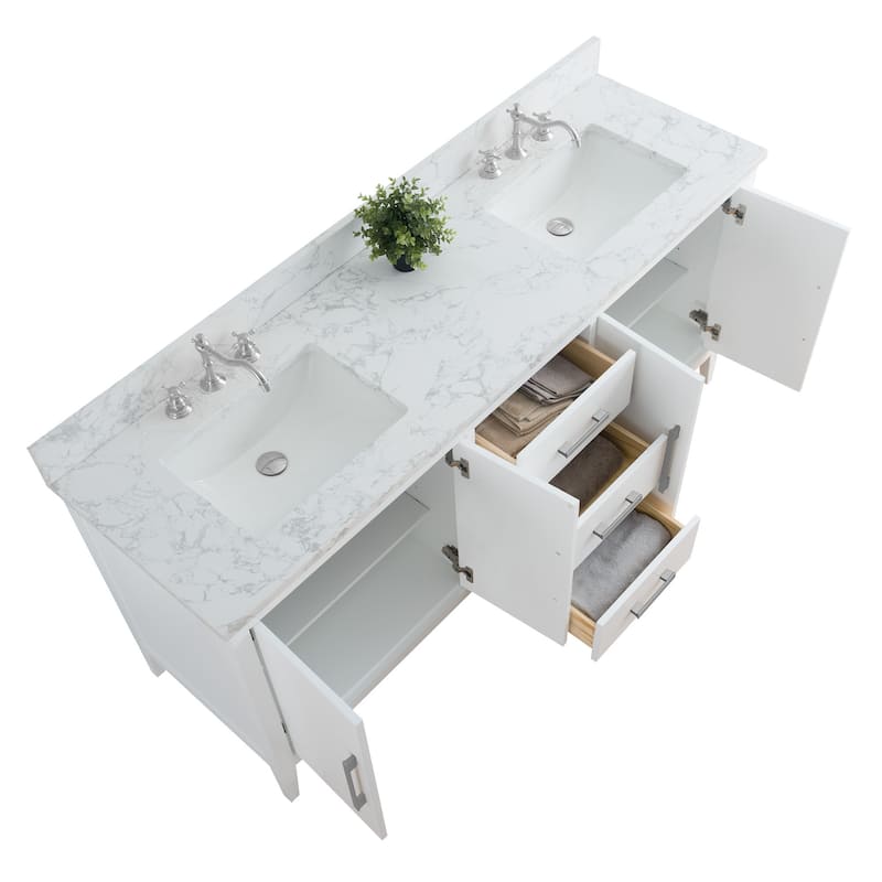Vanity Art 72" Double Sink Bathroom Vanity Cabinet with Engineered Marble Top