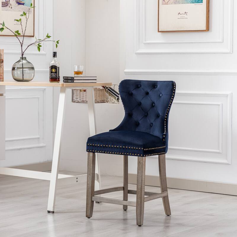 Carter 29" Wingback Tufted Nailhead Bar Stool with Antique Grey Legs - Navy Blue
