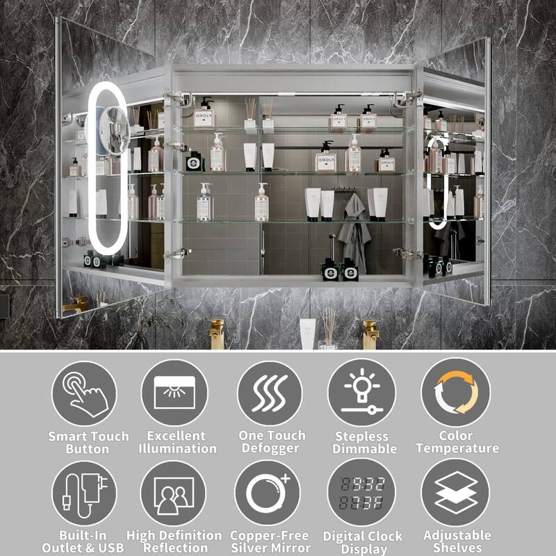 Modland Recessed Smart Mirror Cabinet 24-48x32" with Lights, Anti-Fog, Outlet & Magnifier - Adjustable Shelves