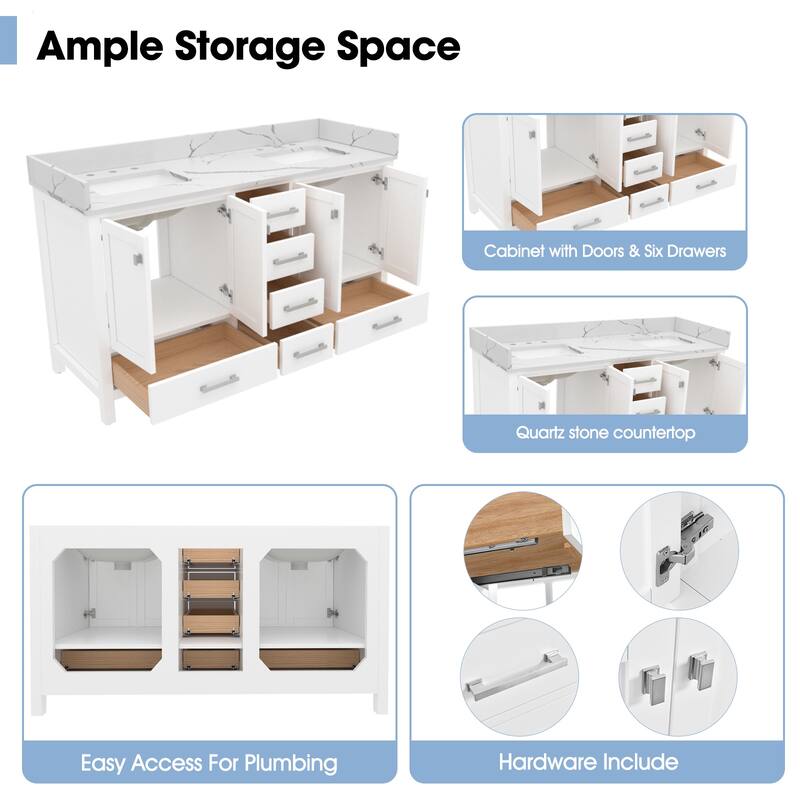 Nephelily 60 inch Transitional White Bathroom Vanity, Double Sinks