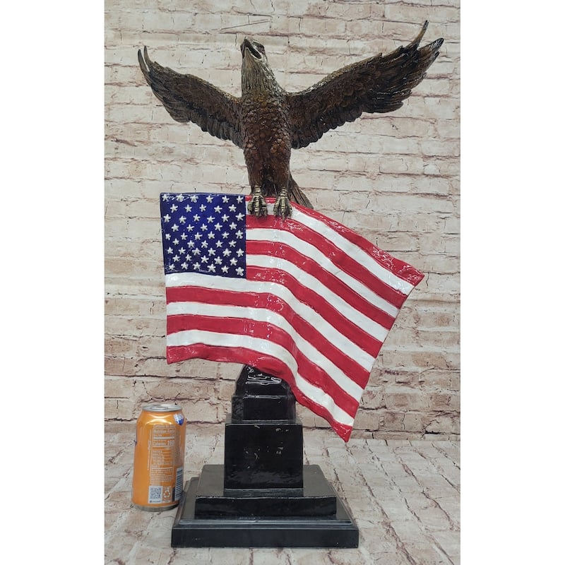 Bald Eagle W/ American Flag - Patriotic Bronze Metal Sculpture Statue Decor On Marble Base