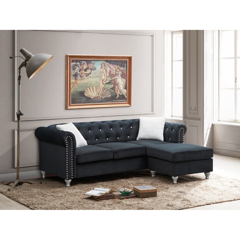 Tufted Faux Jewel Velvet 3-Seater Sofa with Throw Pillows - 82" - Black