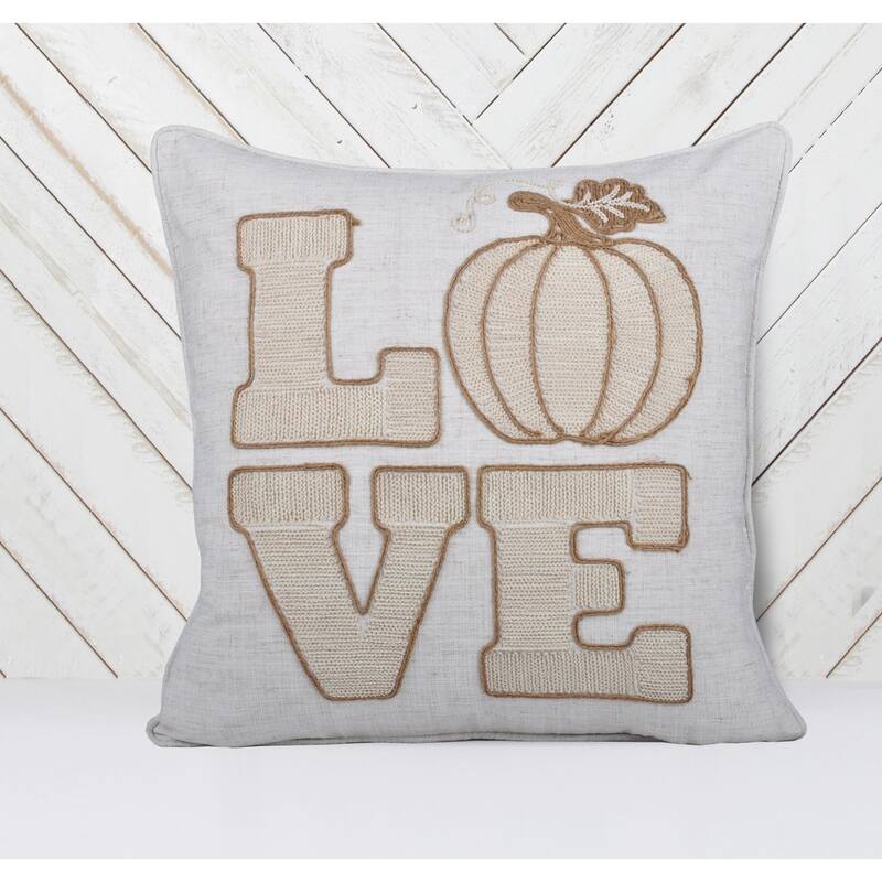 LOVE Pumpkin Embroidered Throw Pillow - Rustic Beige Fall Decor