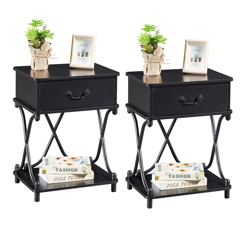 VECELO Modern Mid Century Nightstands Set of 2 End Table with 1-Drawer and Storage Shelf for Bedroom and Living Room