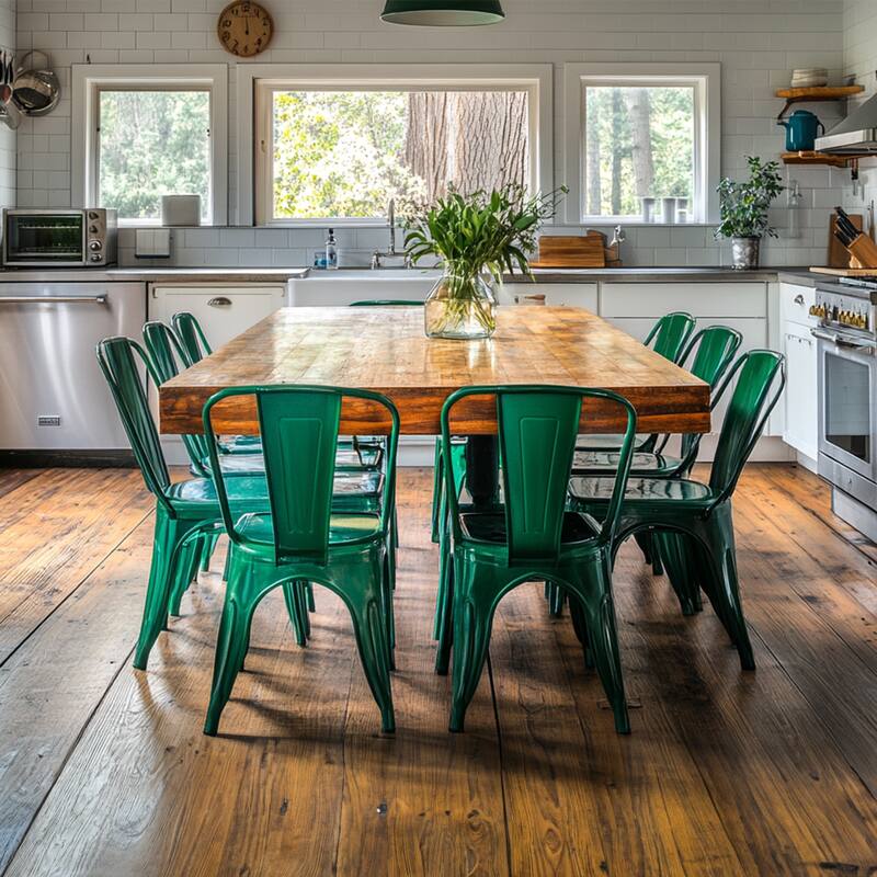 2-Piece Stackable Industrial Dining Chair Set - High Gloss Green, 18 Inch Seat Height