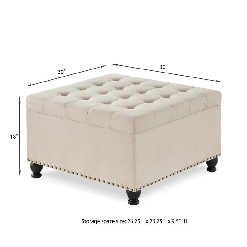 Linen Fabric Square Ottoman, Upholstered Button Tufted Storage Ottoman, Coffee Table with Nail Trims & Rubber Wood Legs