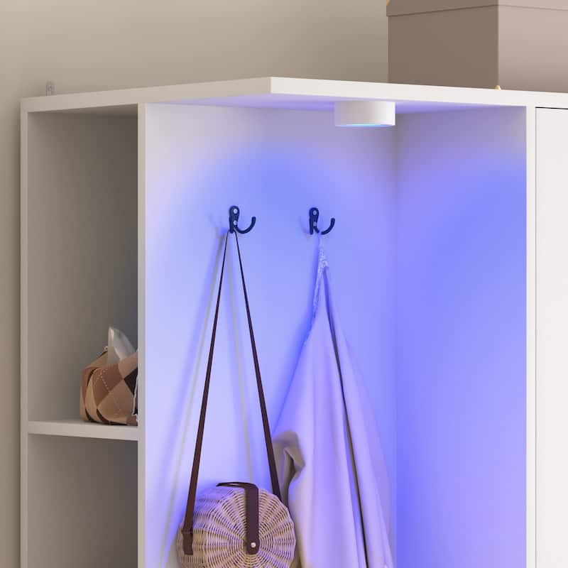 Wardrobe Armoire Closet with 2 Doors, White Clothing Storage Cabinet with 6 Drawers and Hanging Rail