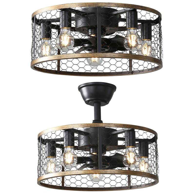 20 Inch Farmhouse Ceiling Fan Light Flush Mount Caged Lights Kit With Remote Control