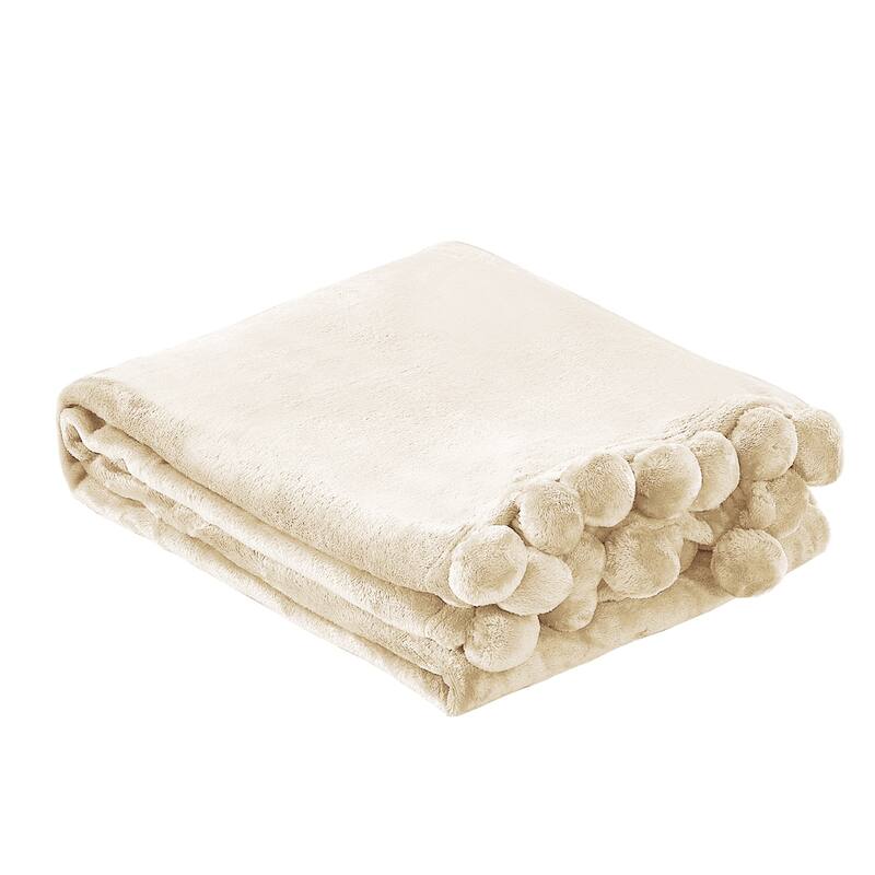 Pompom Flannel Fleece Throw