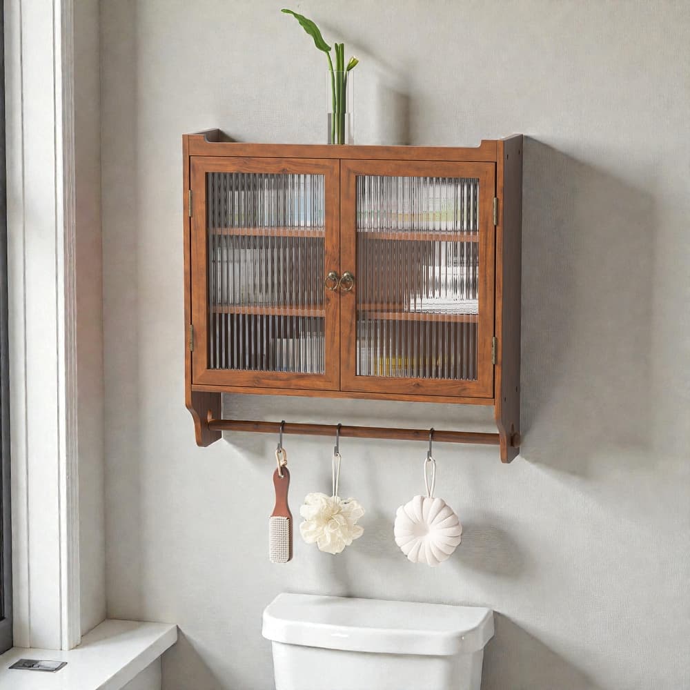 24.8" Vintage Wall Cabinet with Glass Double Doors, 3-Tier Storage and Towel Rack, Solid Wood Bathroom Kitchen Cabinet