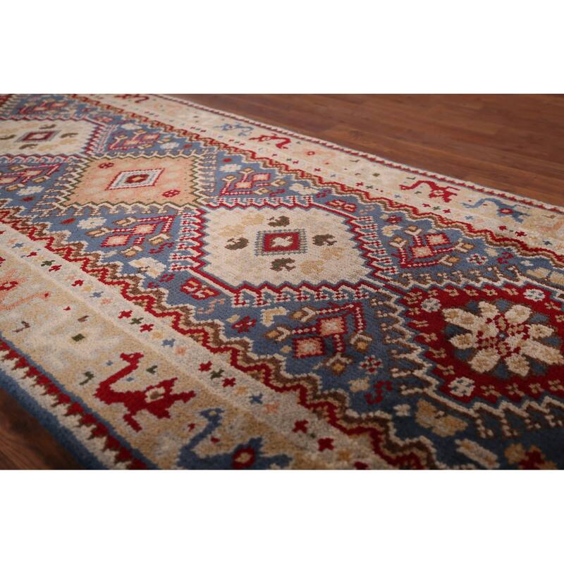 Blue Geometric Khotan Oriental Runner Rug Hand-Knotted Wool Carpet - 2'7"x 11'9"