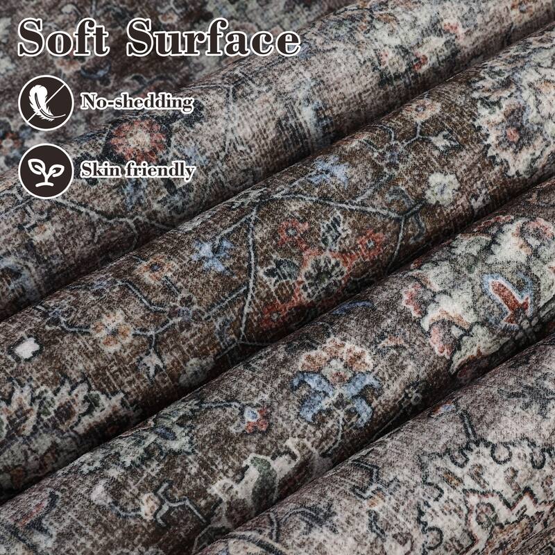 Area Rug Vintage Washable Floral Distressed Living Room Rugs, Soft Low Pile Non-Slip Rugs for Bedroom