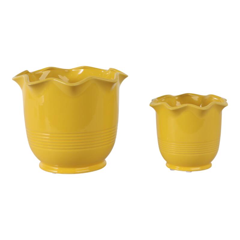Ceramic Planter Scalloped Rim Ribbed Design Home Decor (Set of 2) - 8" x 8" x 6.75"