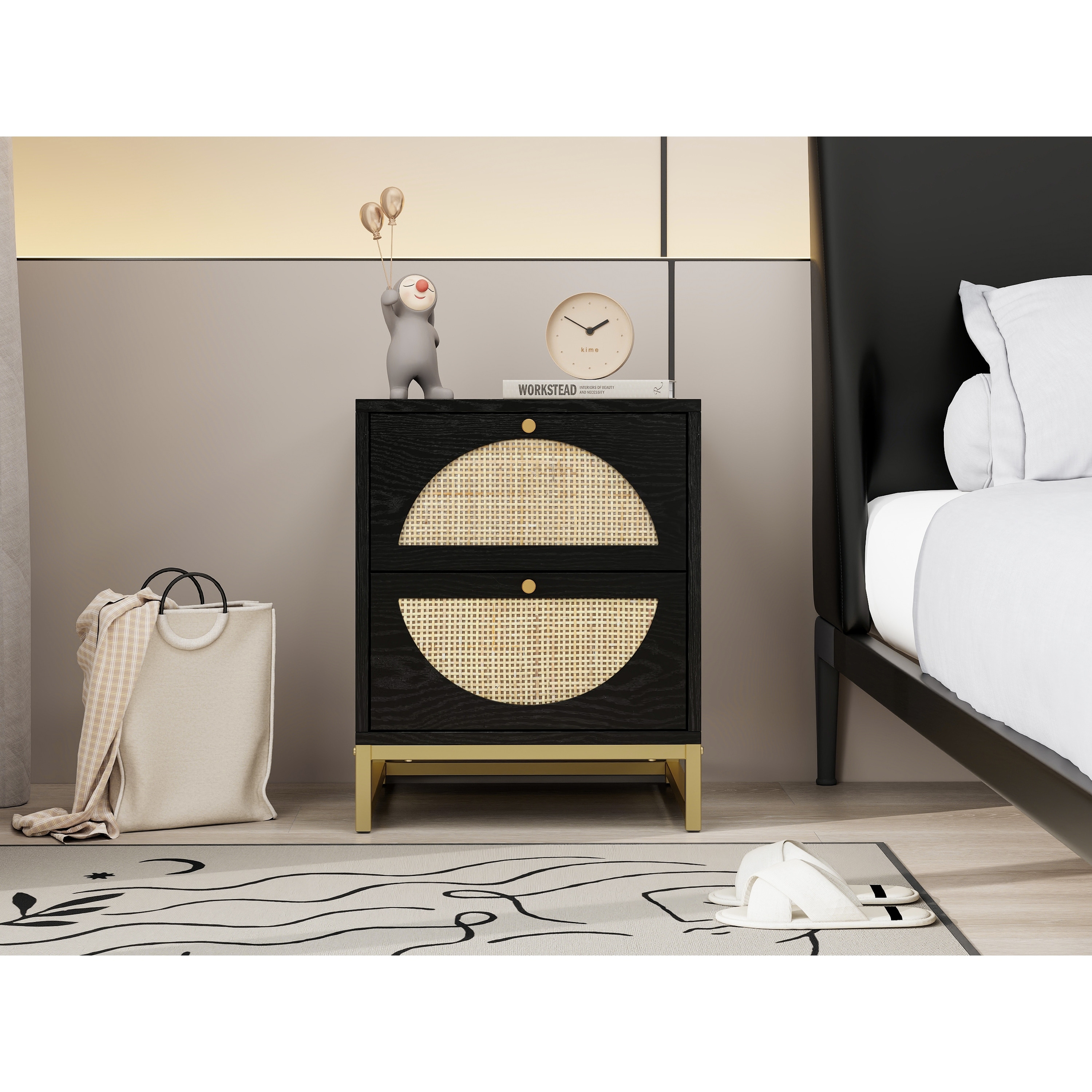 Rattan TV Stand with Solid Wood Legs and Cable Storage